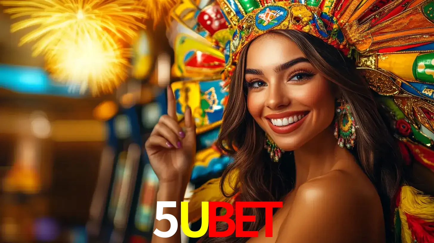 Mulher sorridente com um cocar de carnaval vibrante e colorido, celebrando uma grande vitória nos jogos do cassino 5UBET com fogos de artifício ao fundo.