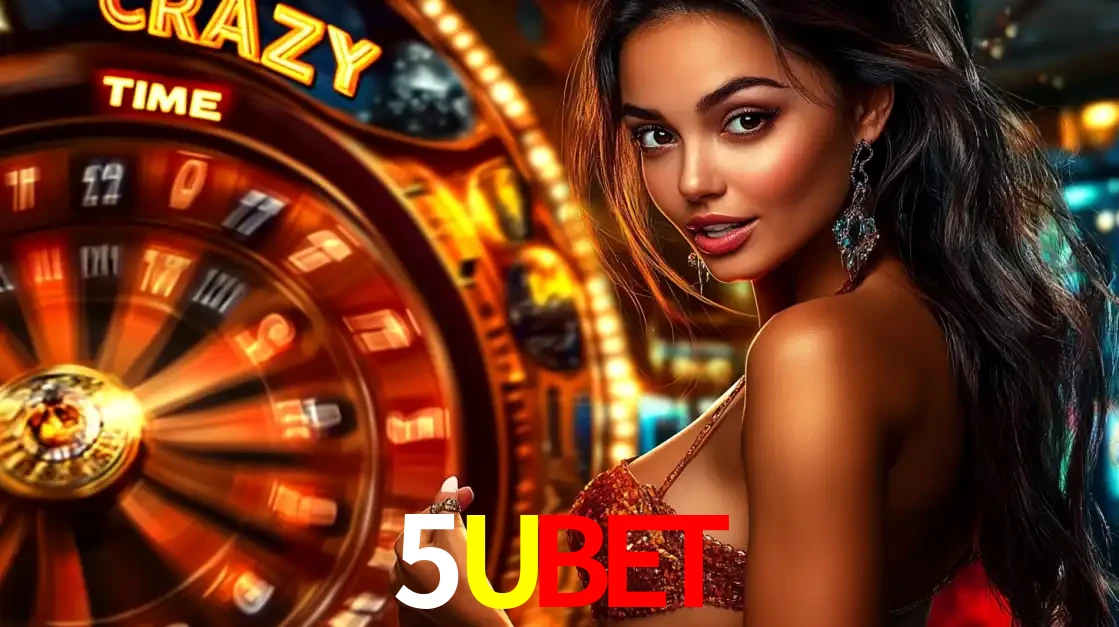 Mulher ao lado da roda de prêmios do jogo de cassino ao vivo Crazy Time, um dos shows de jogos mais emocionantes oferecidos pela plataforma de apostas 5UBET.