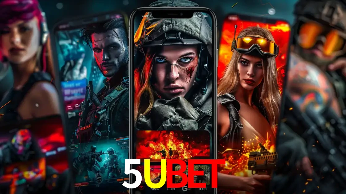 Montagem de telas de celular mostrando diversos personagens, masculinos e femininos, de um jogo de tiro, ilustrando a diversidade de equipes de e-sports para apostar no 5UBET.