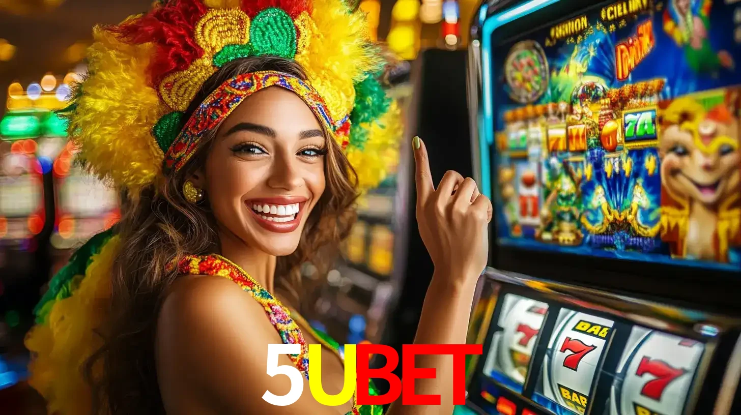 Mulher animada com um cocar de carnaval apontando para uma máquina de caça-níqueis, mostrando a emoção de ganhar um grande prêmio nos jogos do 5UBET.