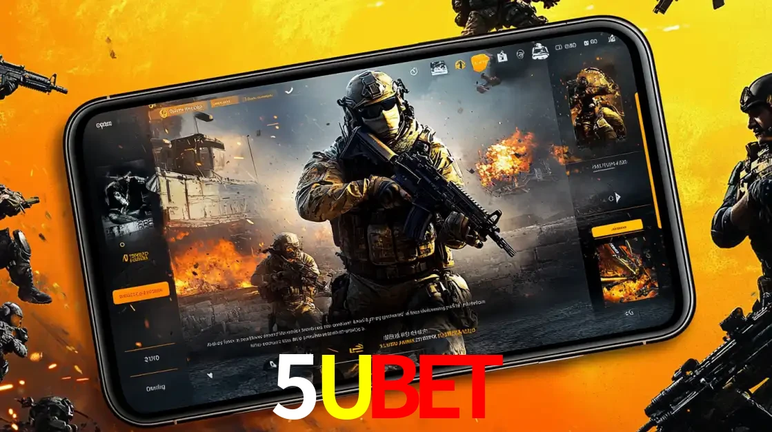 Um smartphone exibindo a interface de um jogo de tiro em primeira pessoa, com um soldado em um cenário de batalha, representando a ação dos e-sports para apostar no 5UBET.