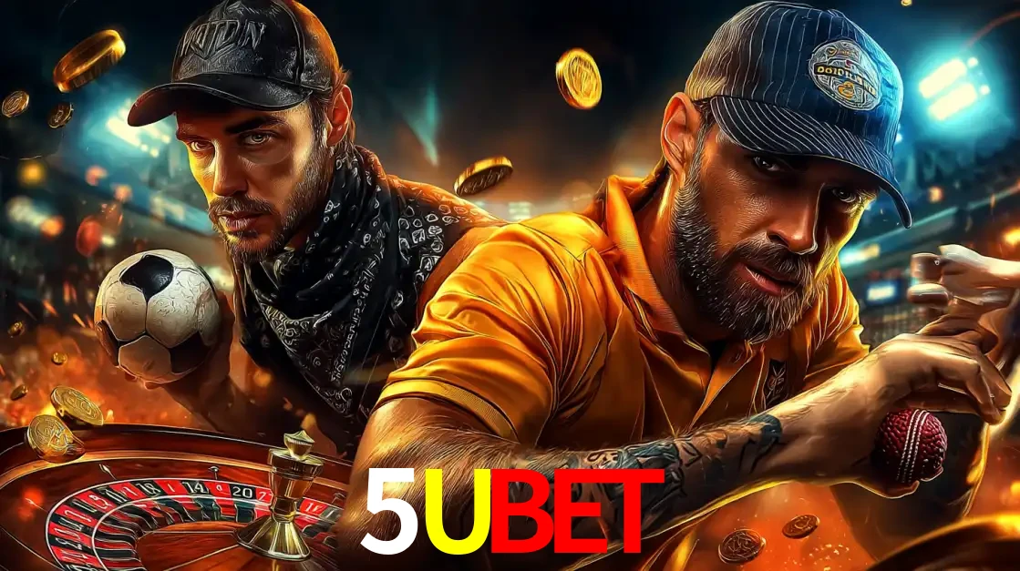 Montagem de apostas esportivas e cassino no 5UBET, com um homem segurando uma bola de futebol e outro uma de beisebol sobre uma roleta e moedas voadoras.