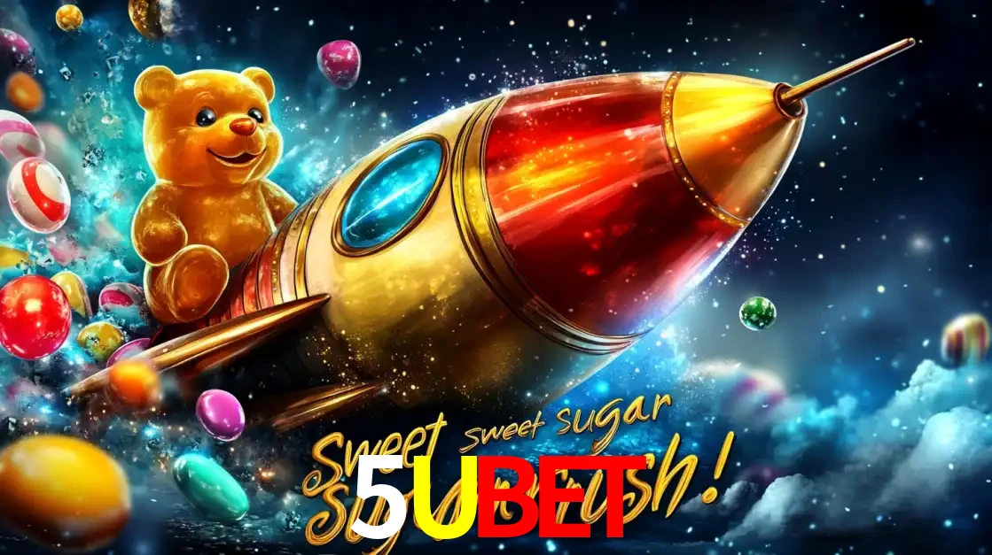 Arte promocional do jogo de slot Sugar Rush, com um urso de pelúcia em um foguete viajando pelo espaço de doces, um dos jogos divertidos disponíveis no cassino 5UBET.