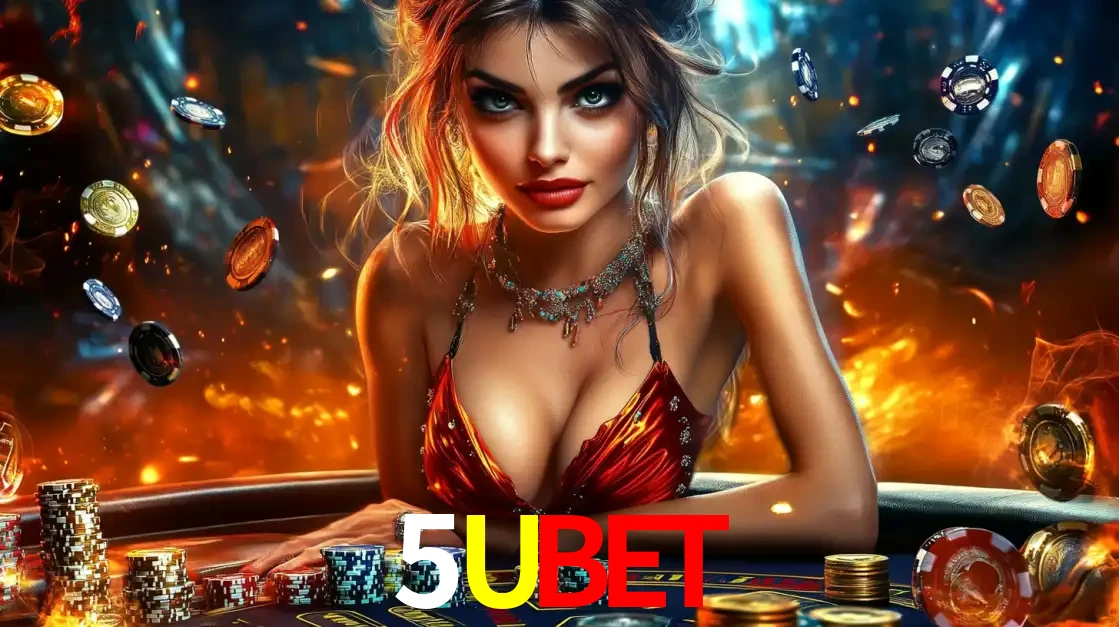 Mulher em uma mesa de cassino com pilhas de fichas e um fundo de fogo, pronta para uma rodada de altas apostas nos jogos de mesa emocionantes do cassino 5UBET.