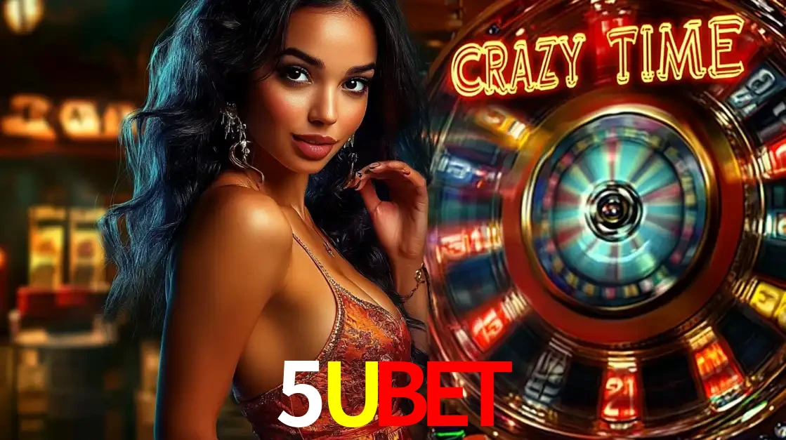 Mulher elegante ao lado da vibrante roda da fortuna do jogo de cassino ao vivo Crazy Time, um dos game shows mais populares e cheios de prêmios do 5UBET.