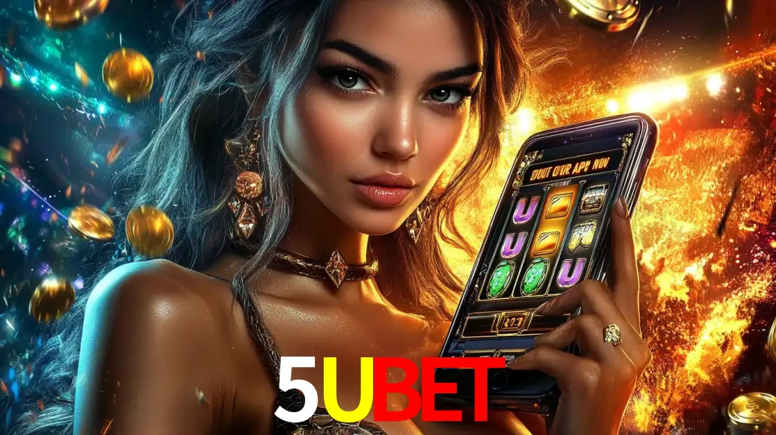 Mulher elegante mostrando um jogo de caça-níqueis em seu smartphone, destacando a experiência de cassino móvel oferecida pelo aplicativo 5UBET.