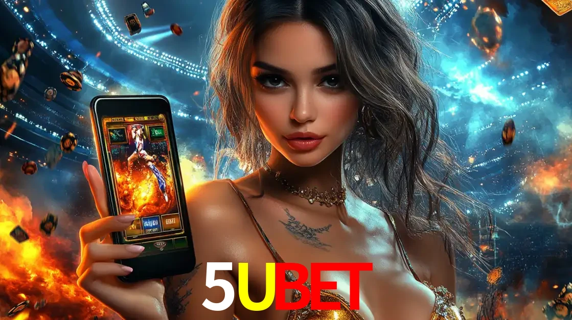 Mulher segurando um celular com um jogo de slot em destaque, tendo como fundo um estádio vibrante, simbolizando a emoção de jogar no cassino móvel 5UBET.