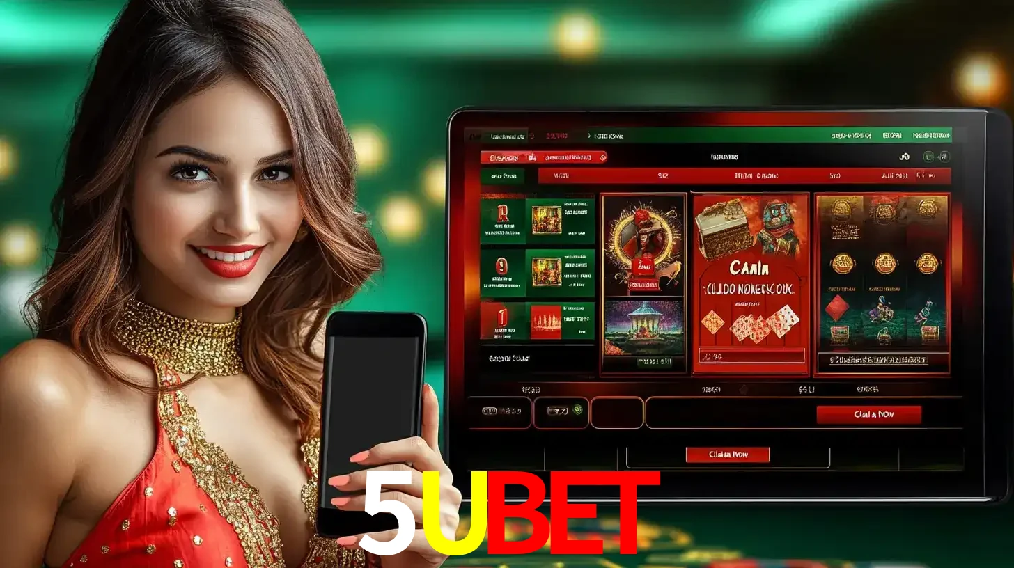 Mulher sorridente segurando um smartphone, ao lado de uma tela exibindo o lobby de jogos do cassino online 5UBET, com várias opções de jogos de cartas e slots.